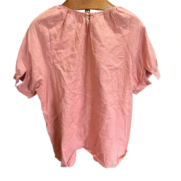 DOWNEAST ~ Peach Peasant Top with Ruffle Details and Puff Sleeves Linen Blend - Picture 6 of 9